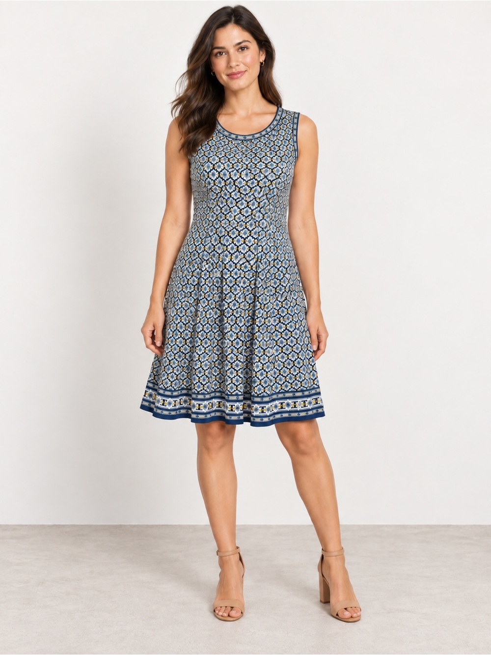 Max Studio Blue Yellow Geometric Print Fit & Flare Sleeveless Dress